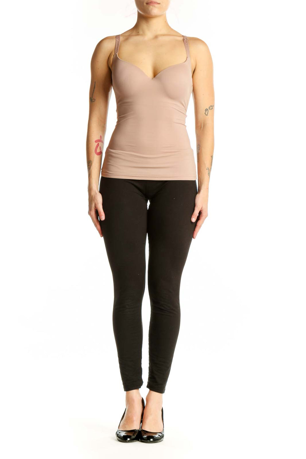 Beige fitted tank top with sweetheart neckline and ruched sides, front view