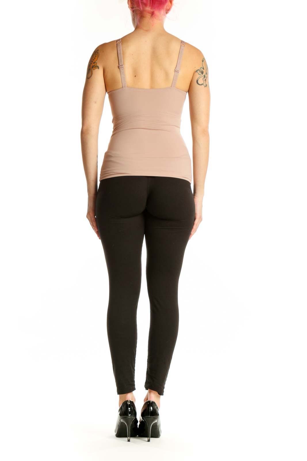 Beige fitted tank top with ruched detailing, back view