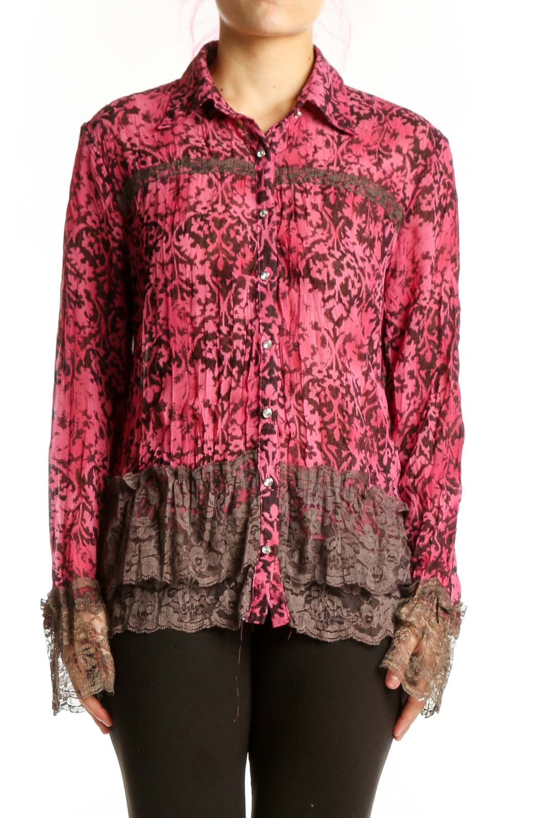 Burgundy damask patterned Lloyd Williams blouse with lace trim cuffs and button-front closure, front view