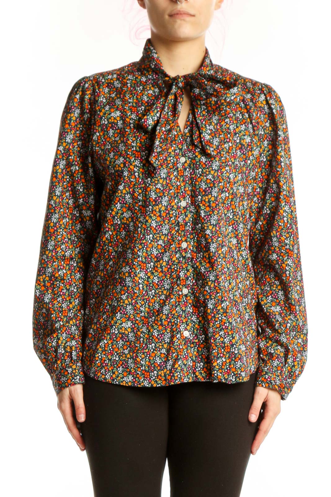 Multicolor floral print J.Crew blouse with tie-neck detail and puffed sleeves, front view