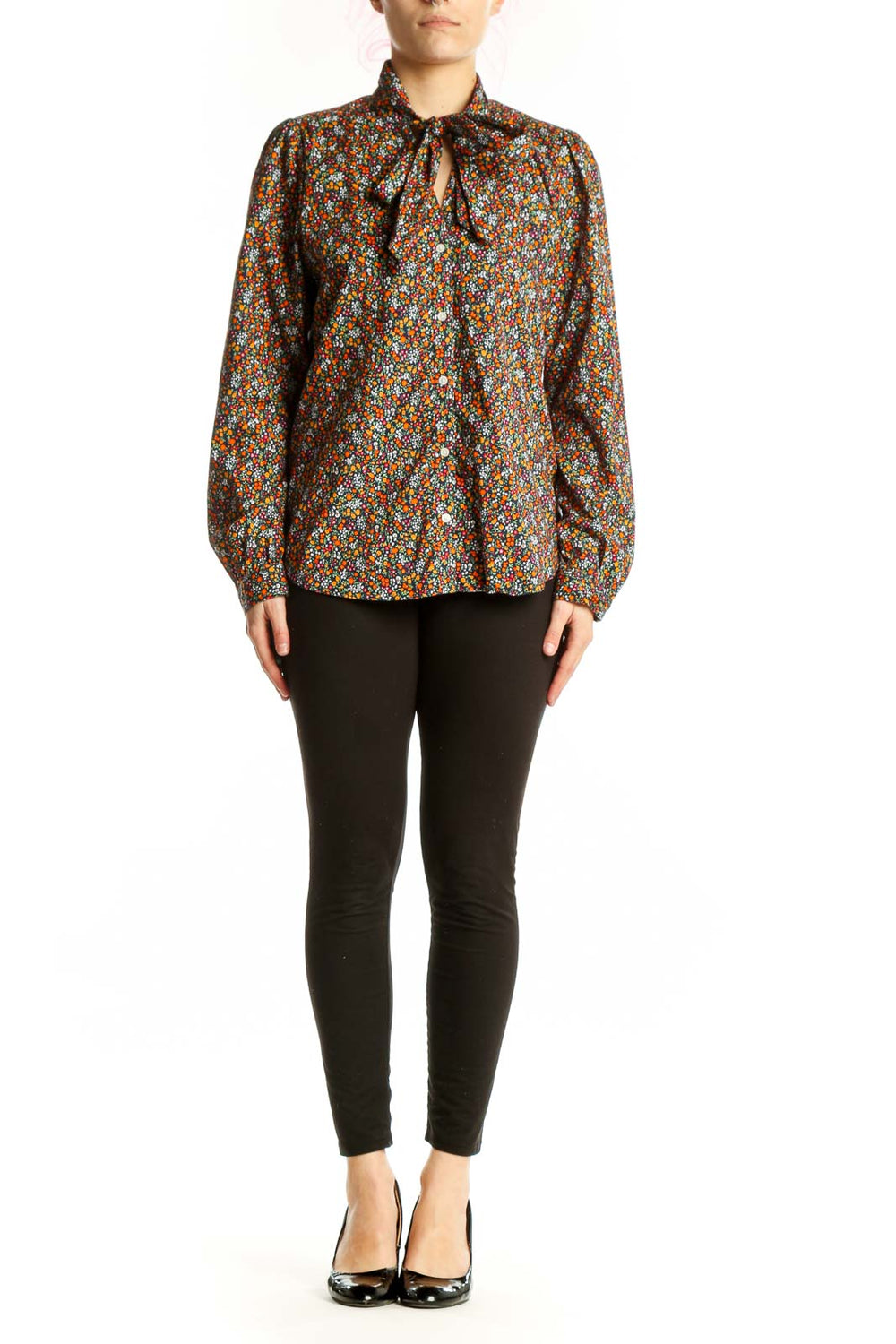 Multicolor floral print J.Crew blouse with tie-neck detail and puffed sleeves, front view