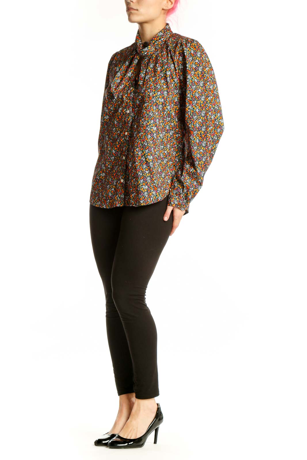 Multicolor floral print J.Crew blouse with tie-neck detail and puffed sleeves, front view