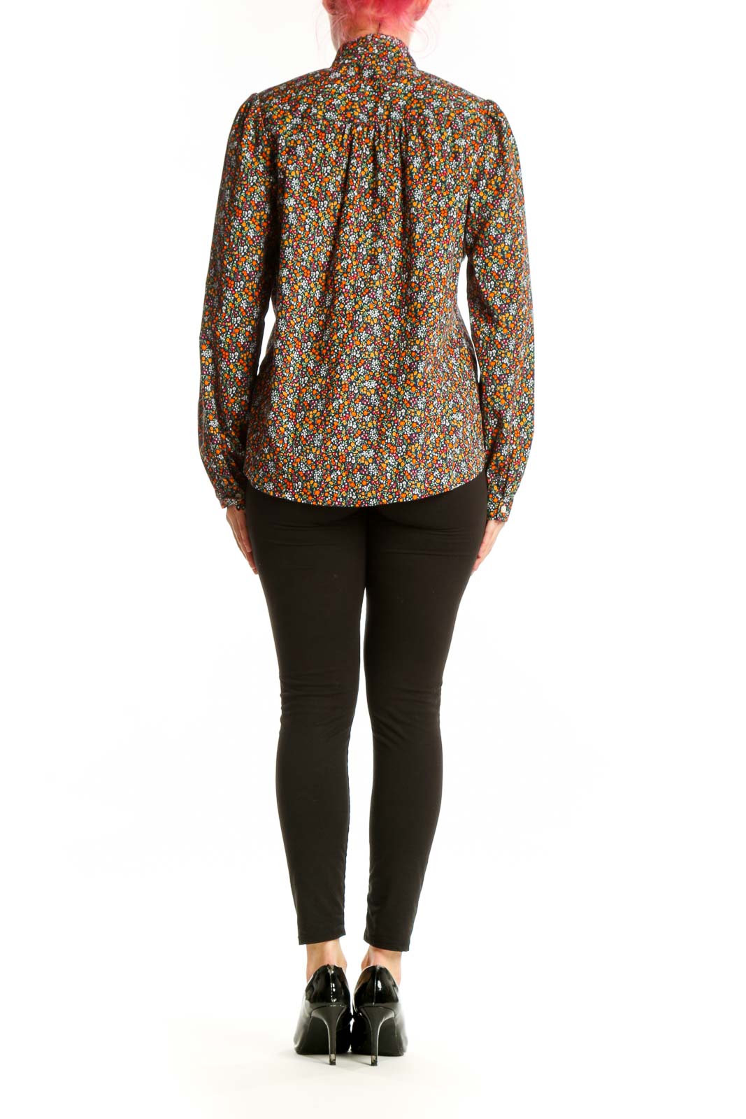 Multicolor floral print J.Crew blouse with tie-neck detail, back view