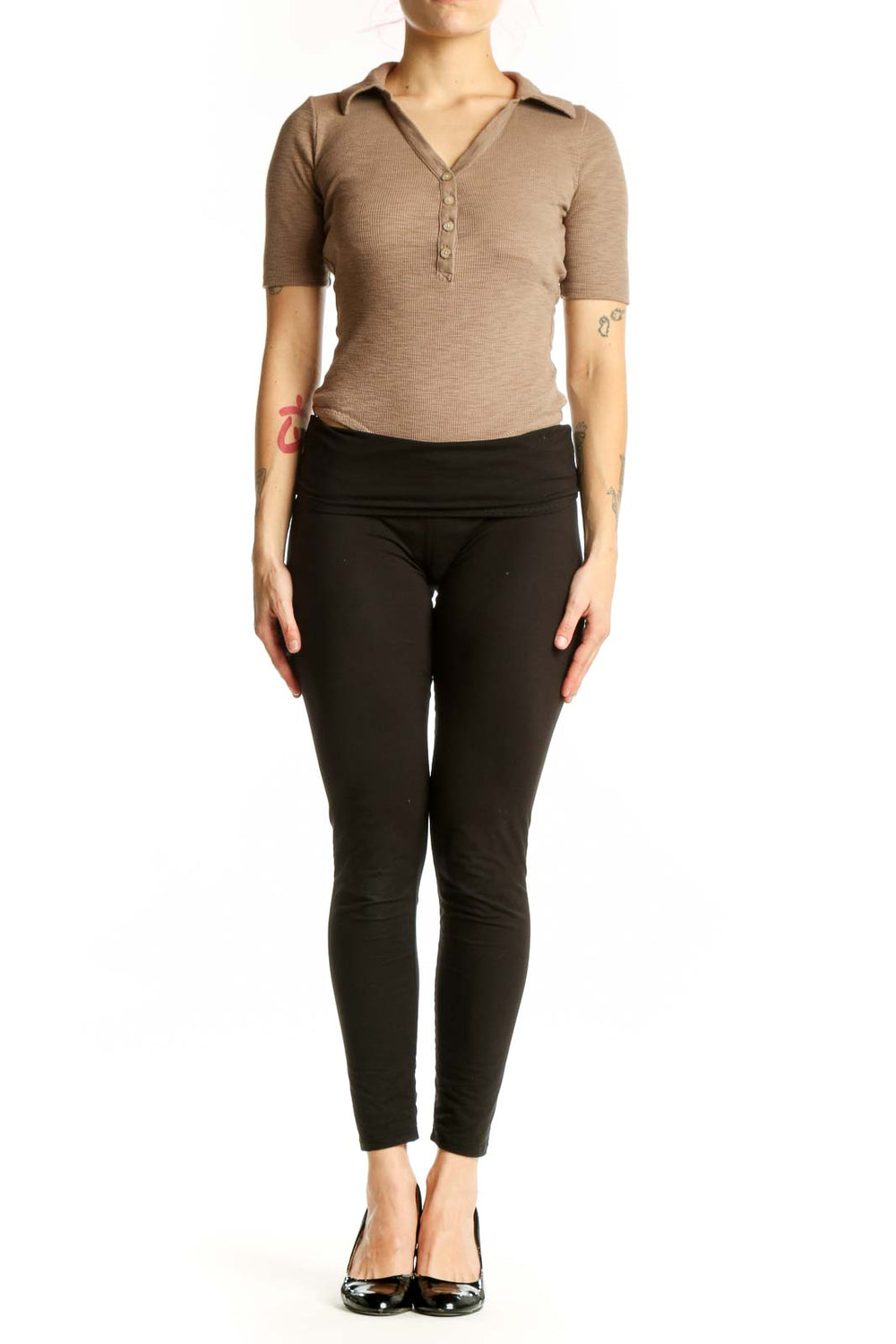 Beige ribbed henley short sleeve top with collared V-neckline and button placket, front view