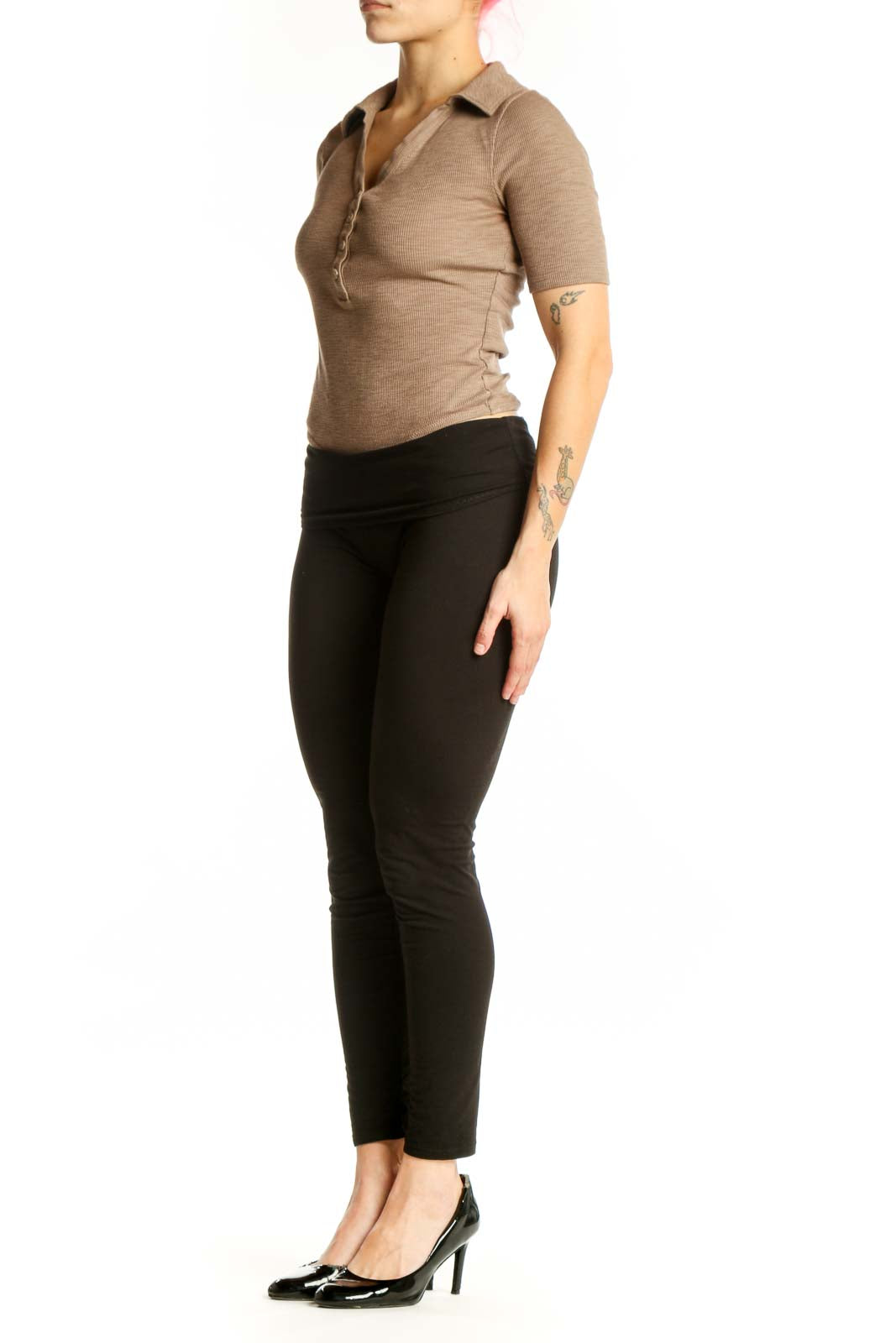Beige ribbed henley short sleeve top with collared V-neckline and button placket, front view