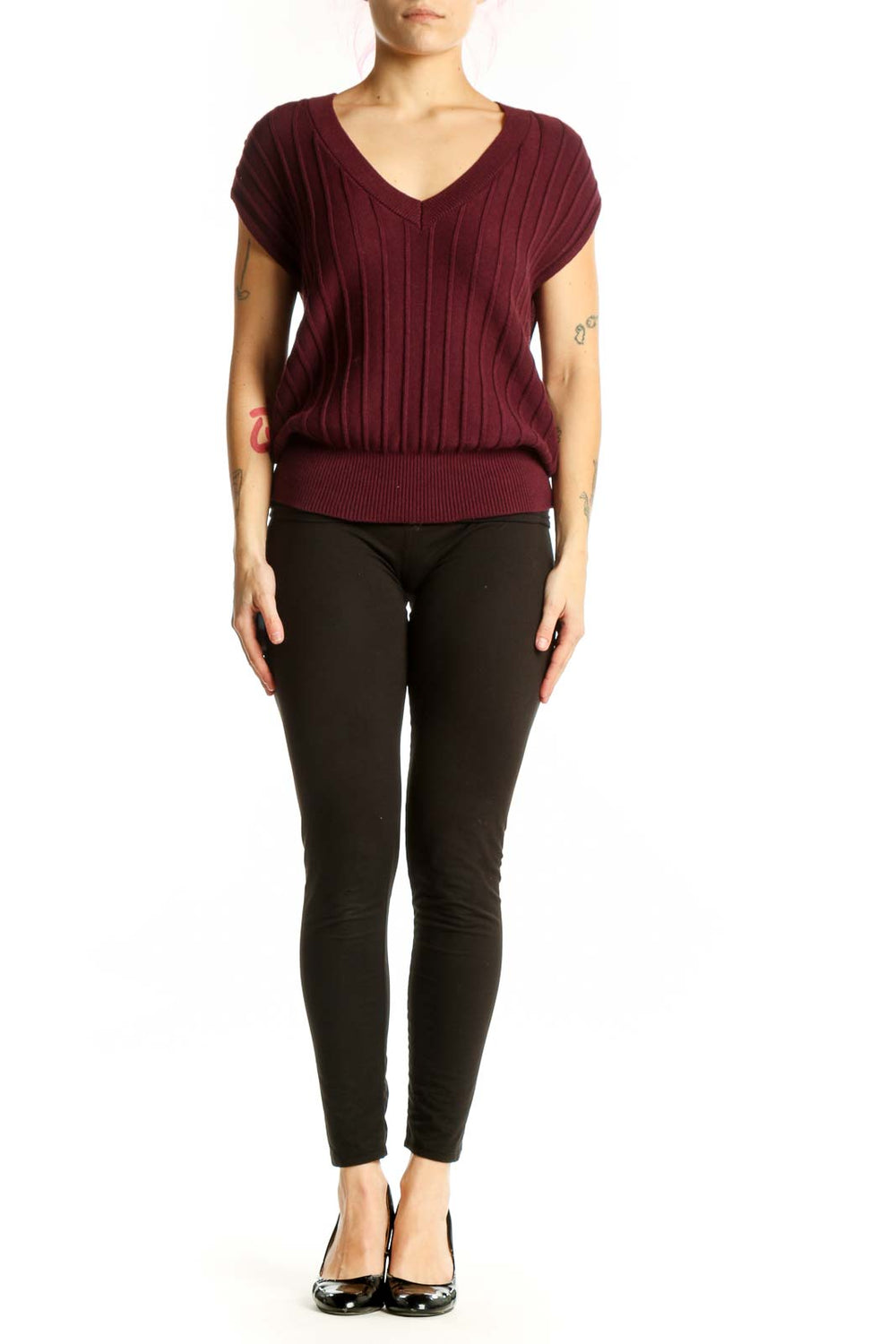 Burgundy ribbed v-neck knit top with cap sleeves, front view on model