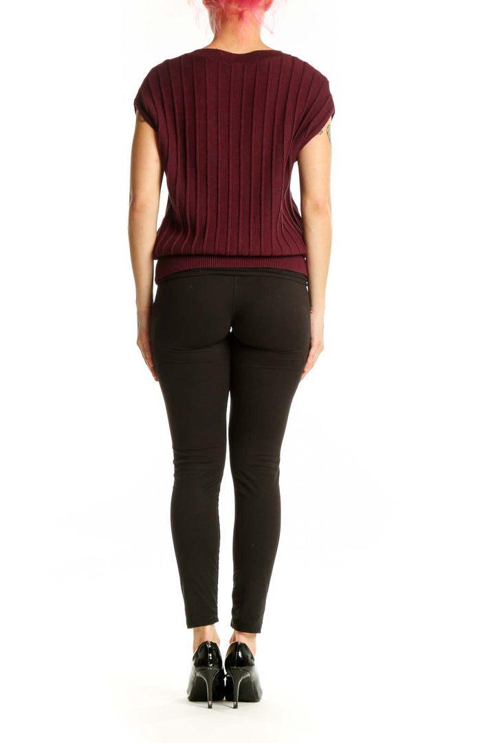 Burgundy ribbed v-neck knit top with cap sleeves, back view on model