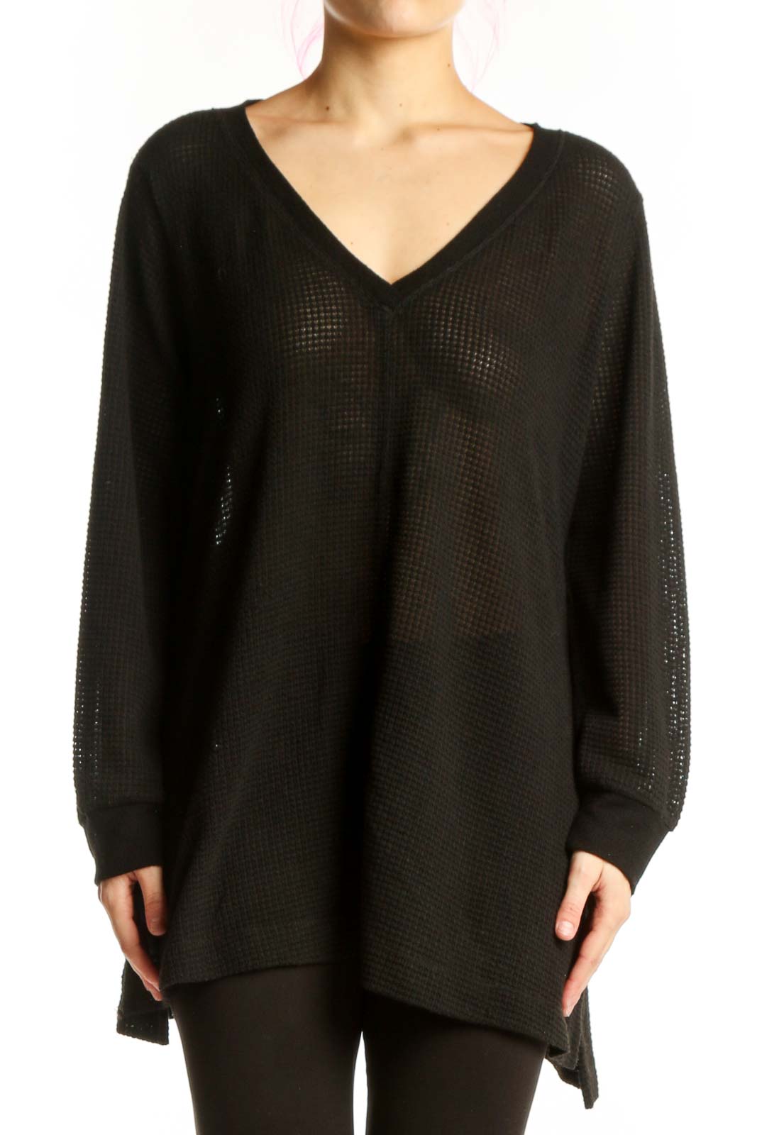 Black waffle knit v-neck tunic with oversized fit and long sleeves, front view