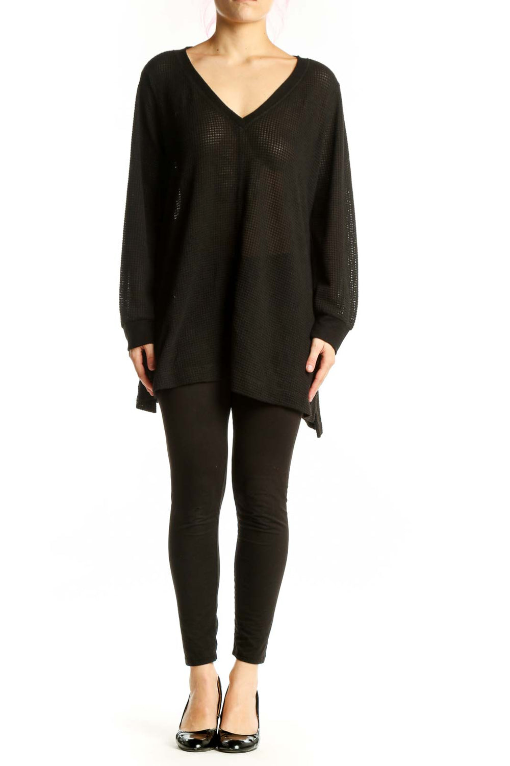 Black waffle knit v-neck tunic with oversized fit and long sleeves, front view