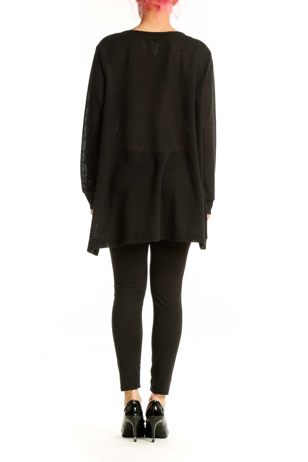 Black waffle knit v-neck tunic with asymmetrical hemline, back view