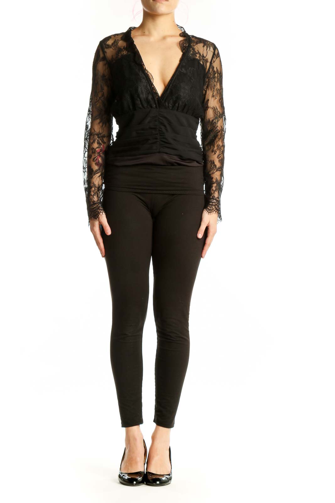 Black lace long sleeve wrap top with V-neckline and ruched waist detail, front view