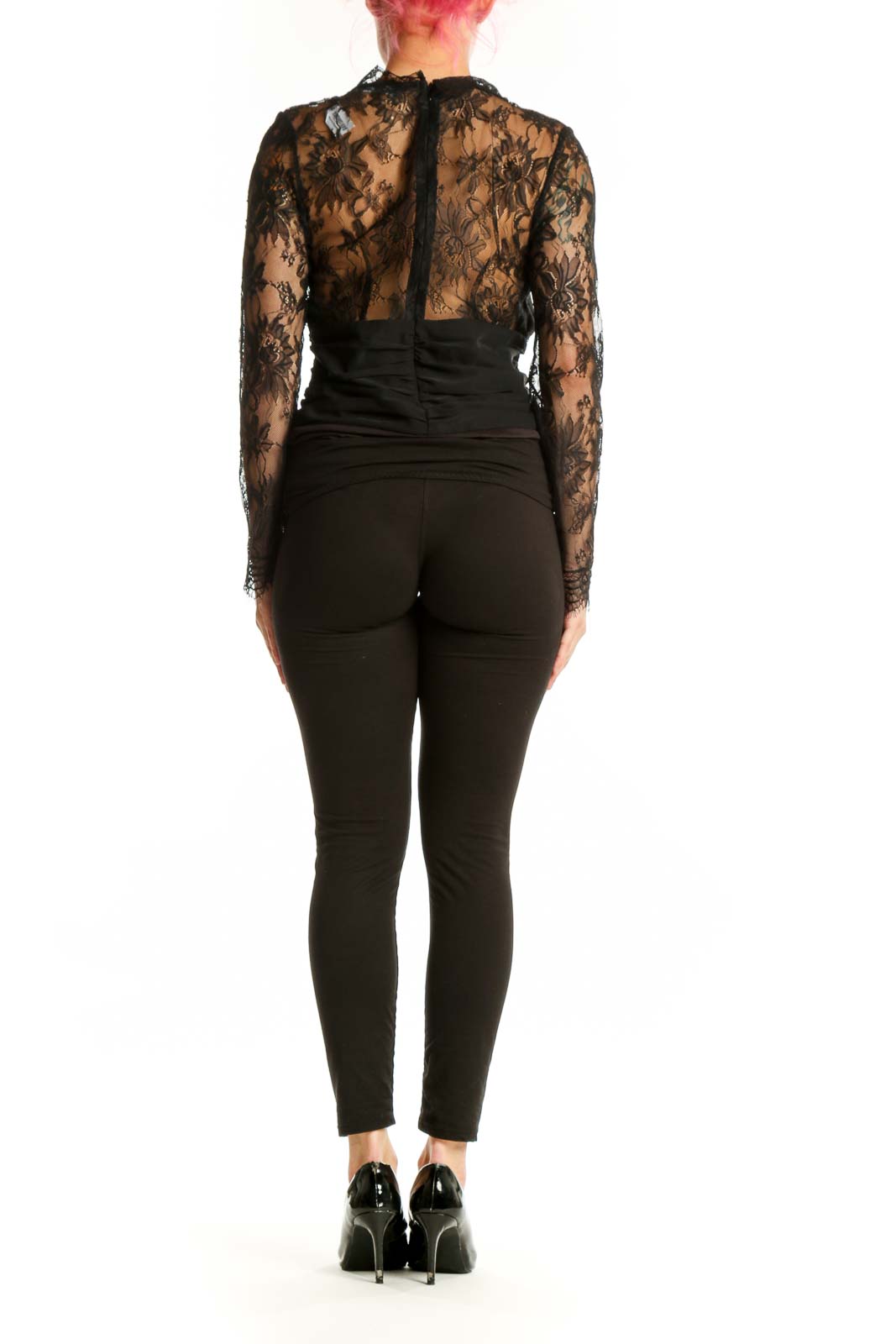 Black lace long sleeve wrap top with delicate lace sleeves, back view