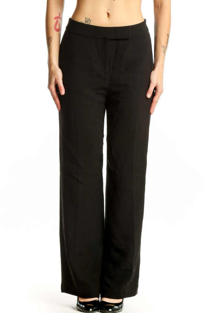 Black wide-leg dress pants front view, high-waisted tailored fit