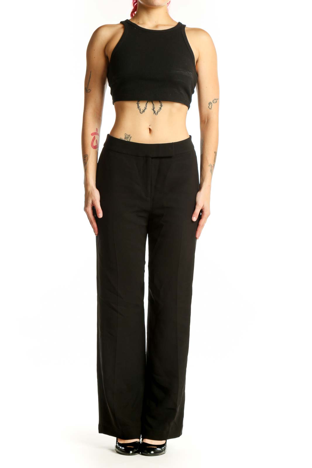 Black wide-leg dress pants front view, high-waisted tailored fit