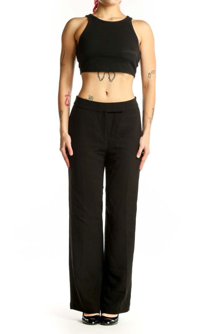 Black wide-leg dress pants front view, high-waisted tailored fit