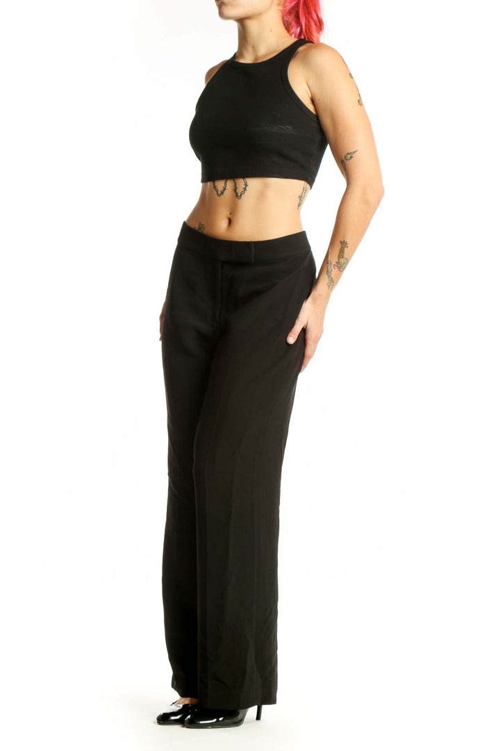 Black wide-leg dress pants front view, high-waisted tailored fit