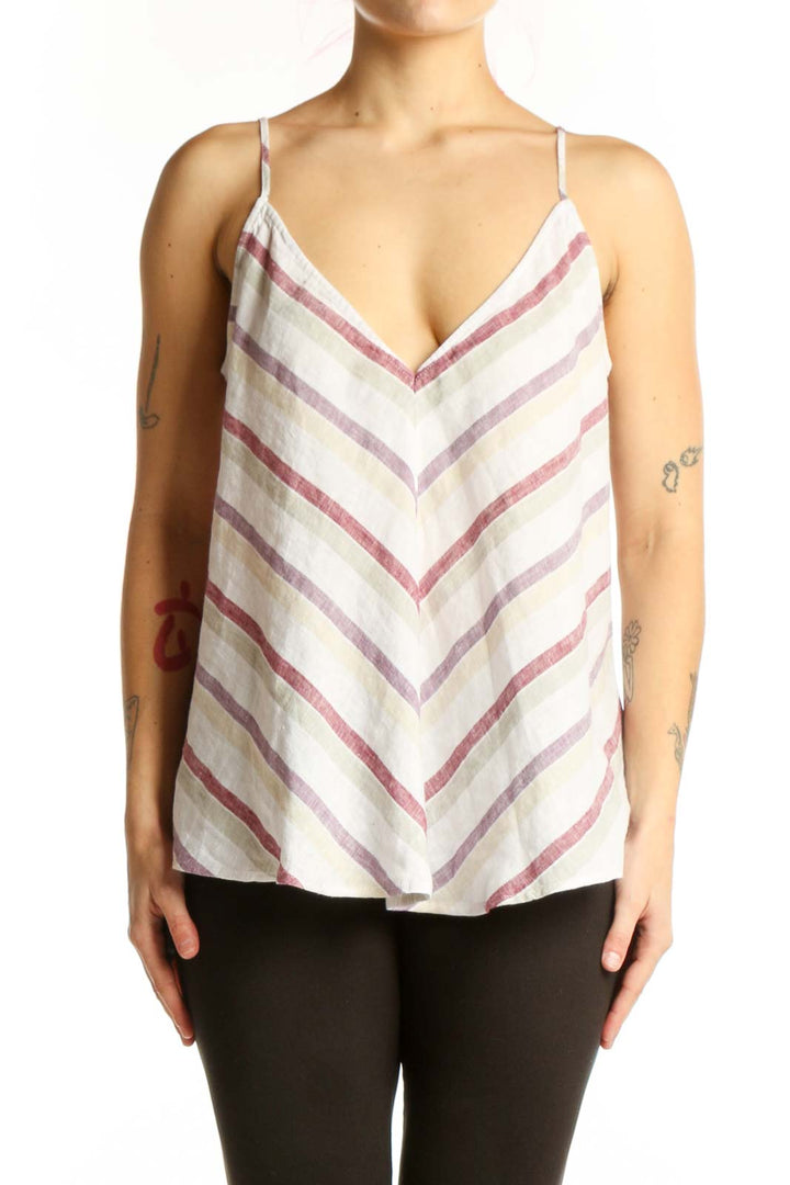 Cream and pink striped linen camisole with V-neckline and spaghetti straps, front view