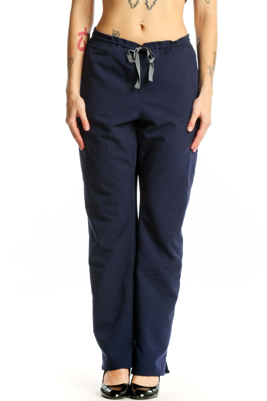 Navy drawstring medical scrub pants front view, size L, FIGS brand
