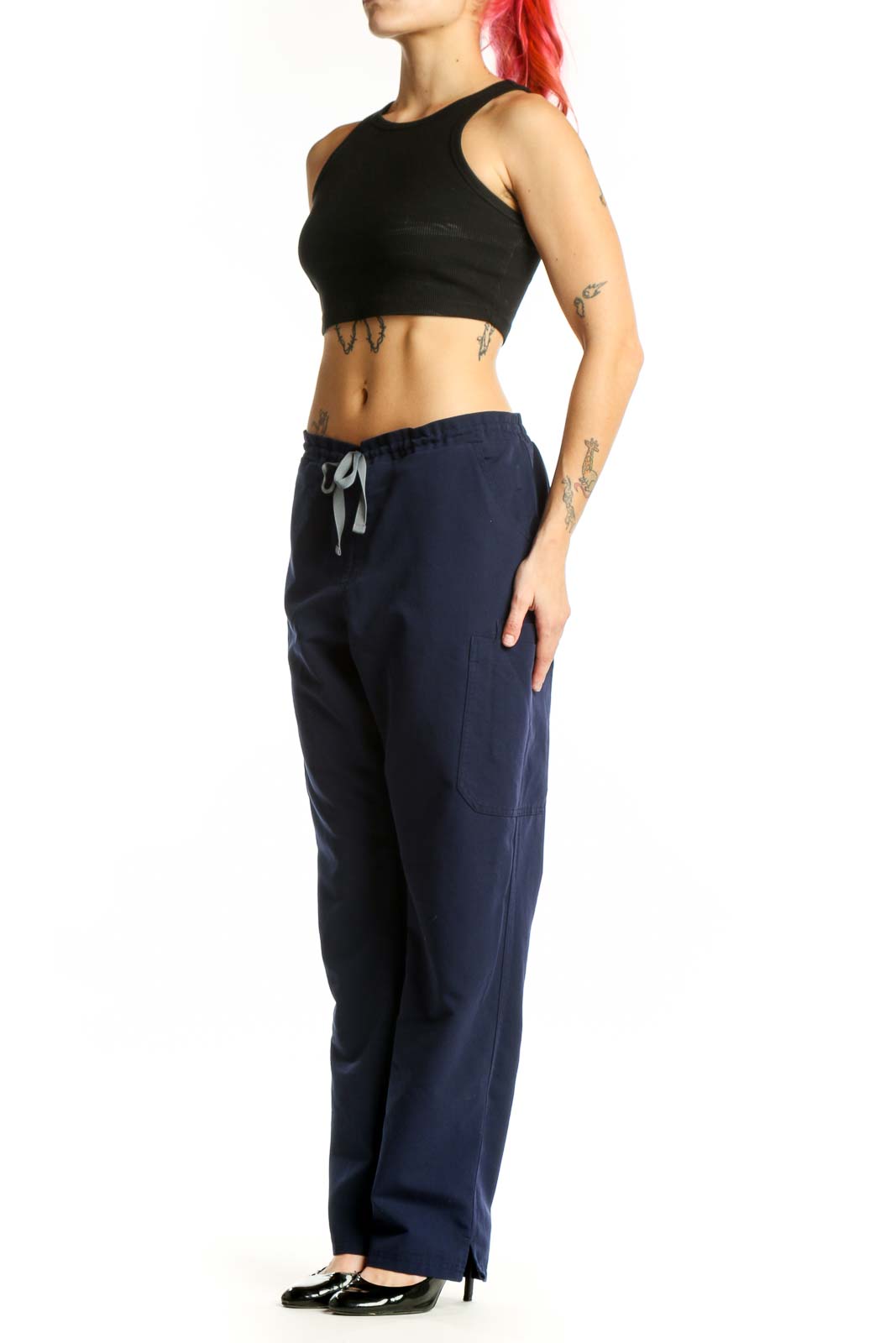 Navy drawstring medical scrub pants front view, size L, FIGS brand