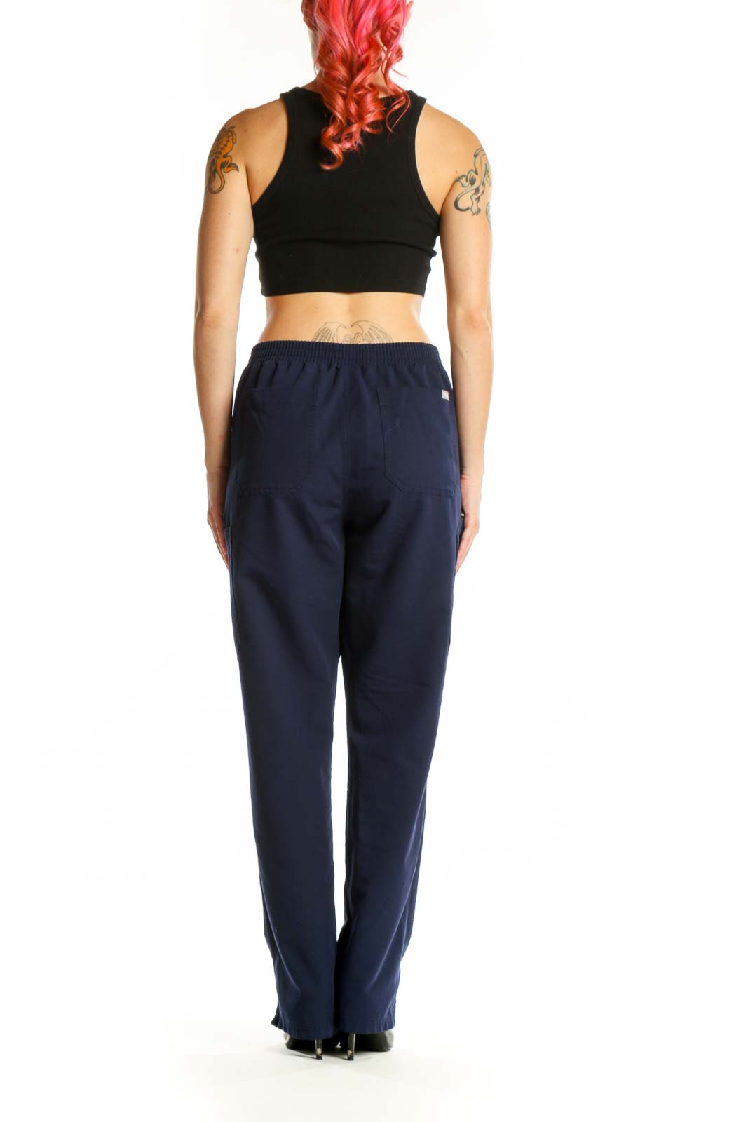 Navy drawstring medical scrub pants back view, size L, FIGS brand