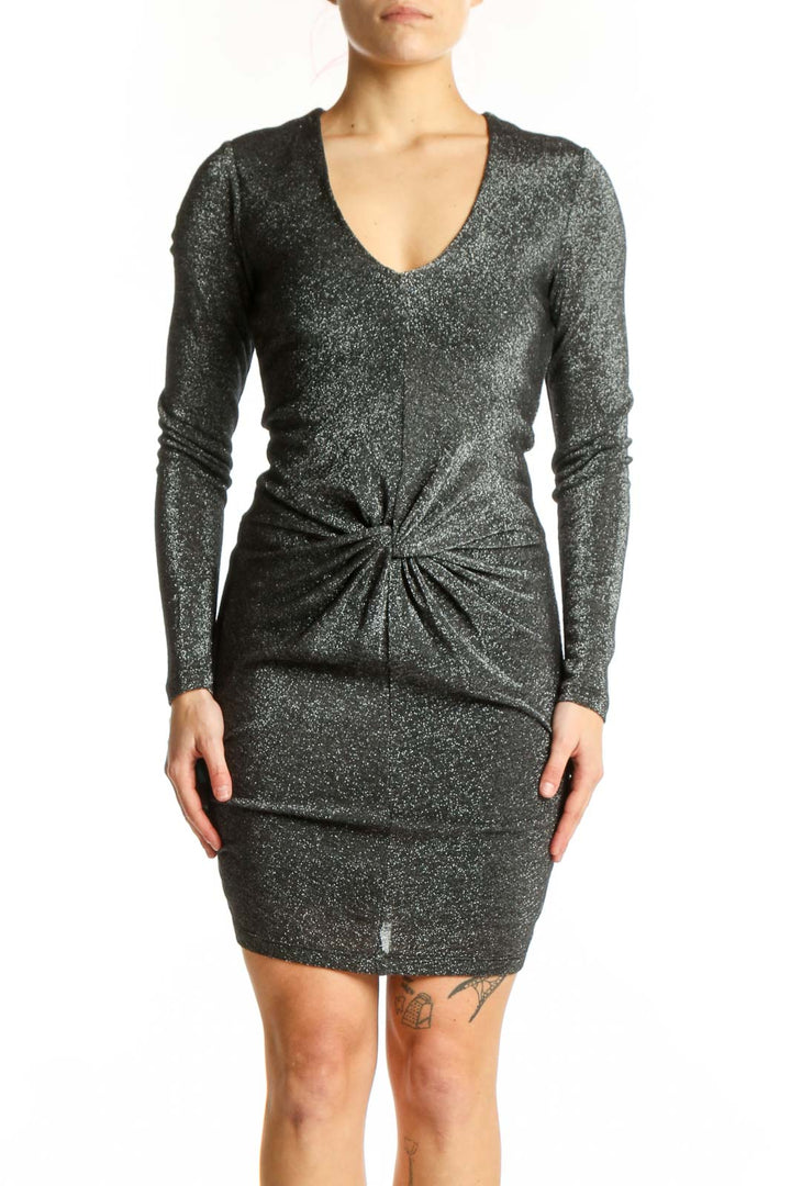 Gray metallic knit dress with V-neckline and twisted waist detail by Ted Baker London