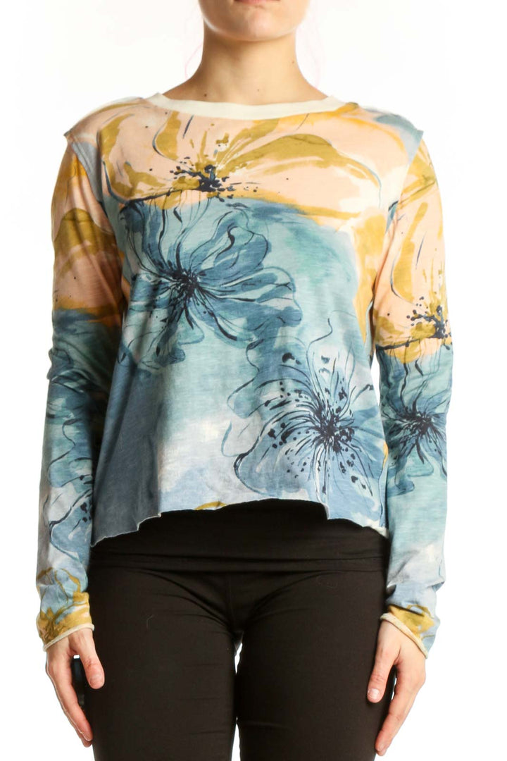 Blue and yellow watercolor floral long sleeve cotton top by Maeve, cropped silhouette, front view