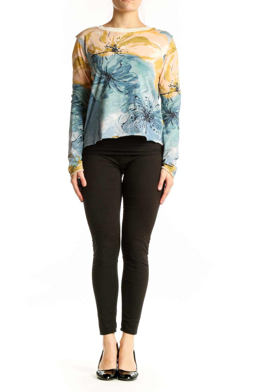 Blue and yellow watercolor floral long sleeve cotton top by Maeve, cropped silhouette, front view