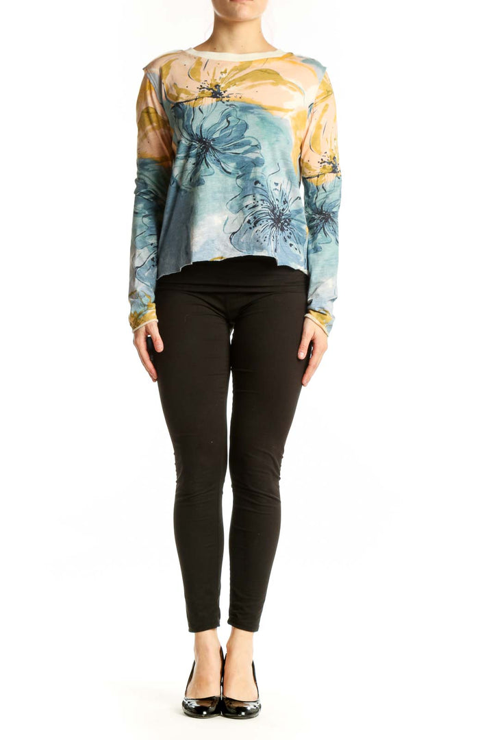 Blue and yellow watercolor floral long sleeve cotton top by Maeve, cropped silhouette, front view