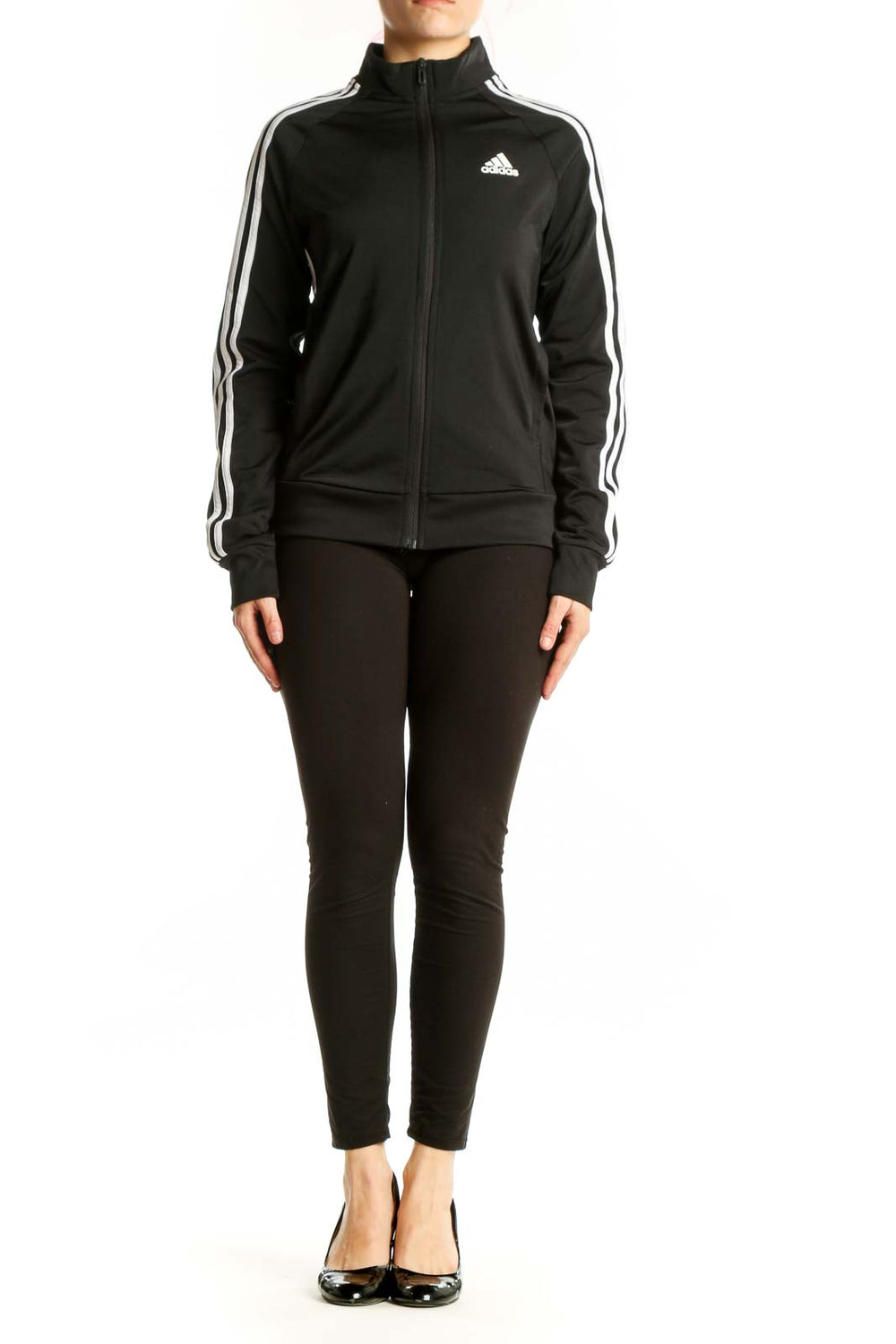 Black Adidas track jacket with white three stripes, front view on model