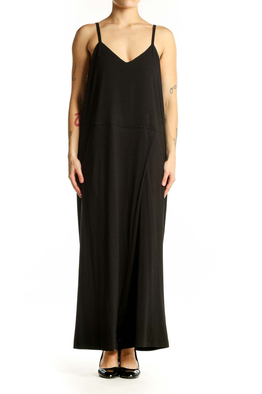 Black Tencel Spandex camisole maxi jumpsuit with V-neckline and adjustable straps, front view