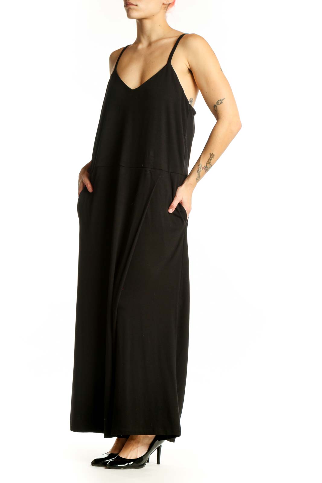 Black Tencel Spandex camisole maxi jumpsuit with V-neckline and adjustable straps, front view