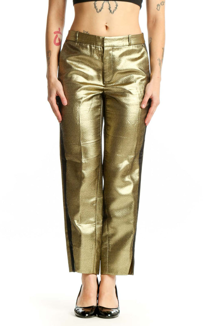 Gold metallic cropped ankle pants by Banana Republic, front view showing high-waisted tailored fit