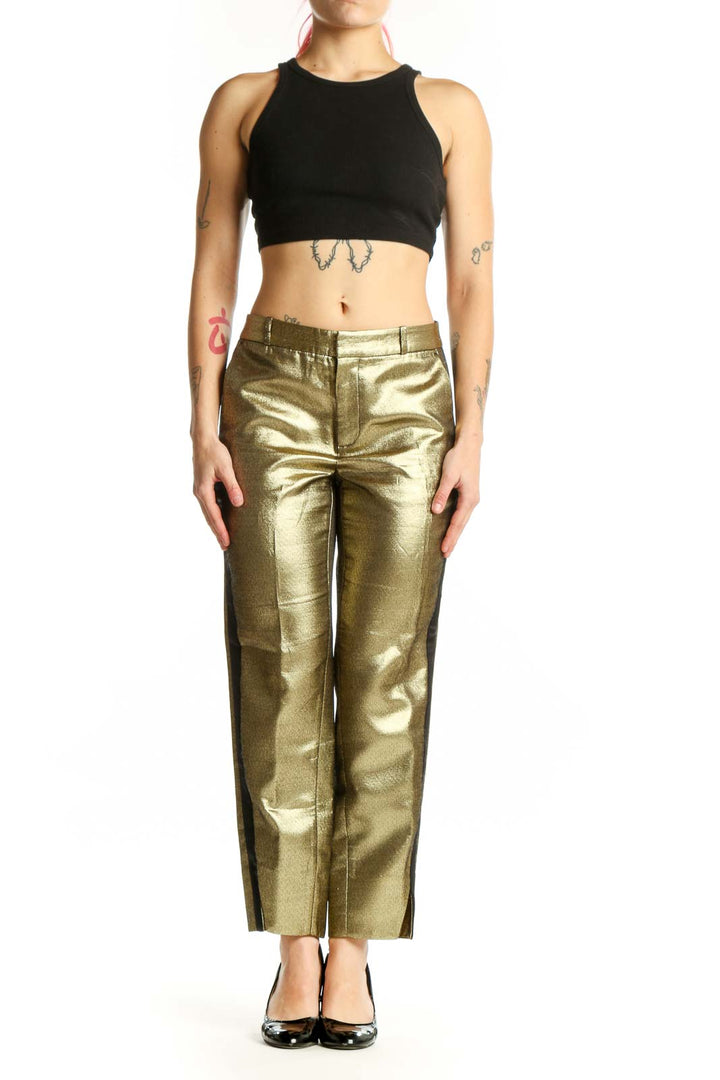 Gold metallic cropped ankle pants by Banana Republic, front view showing high-waisted tailored fit