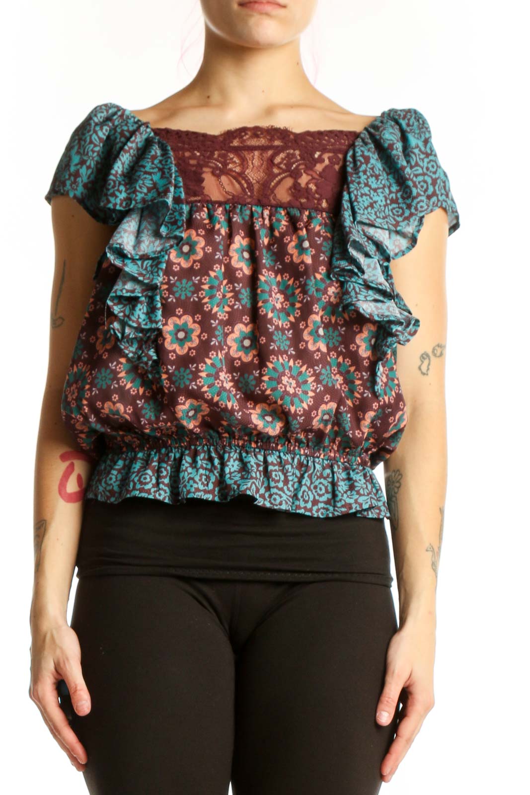 Burgundy and teal floral off-shoulder top with ruffled sleeves and lace yoke detail, front view