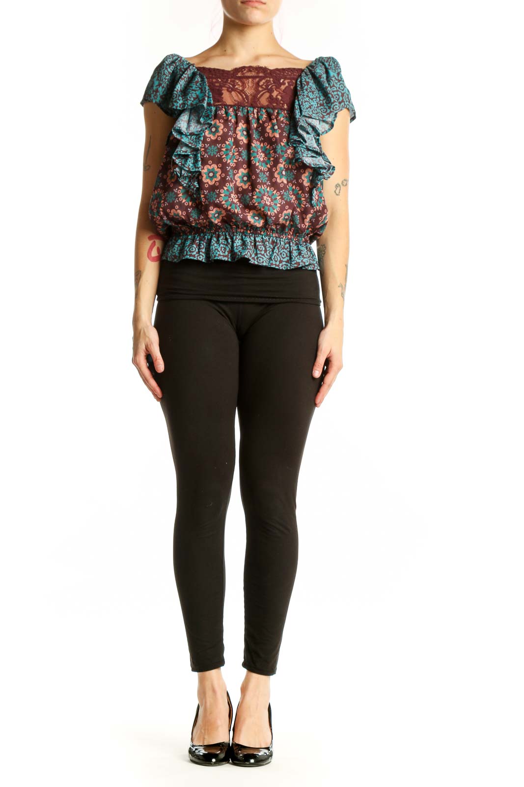 Burgundy and teal floral off-shoulder top with ruffled sleeves and lace yoke detail, front view
