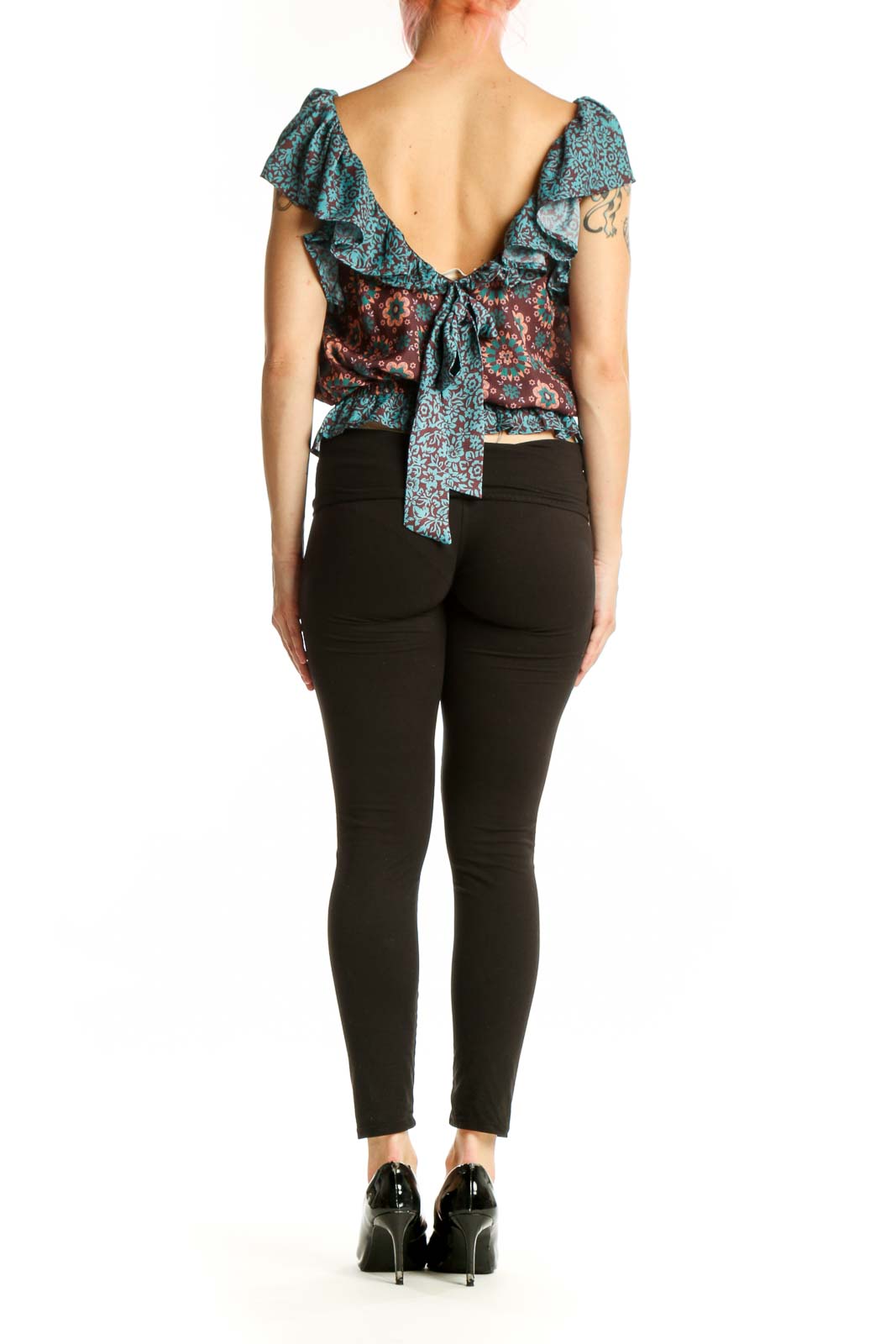 Burgundy and teal floral off-shoulder top with ruffled sleeves, back view showing gathered waist