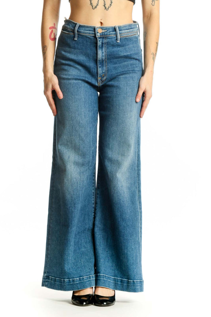 Front view of Mother blue wide-leg denim jeans with high-rise waist and classic five-pocket styling