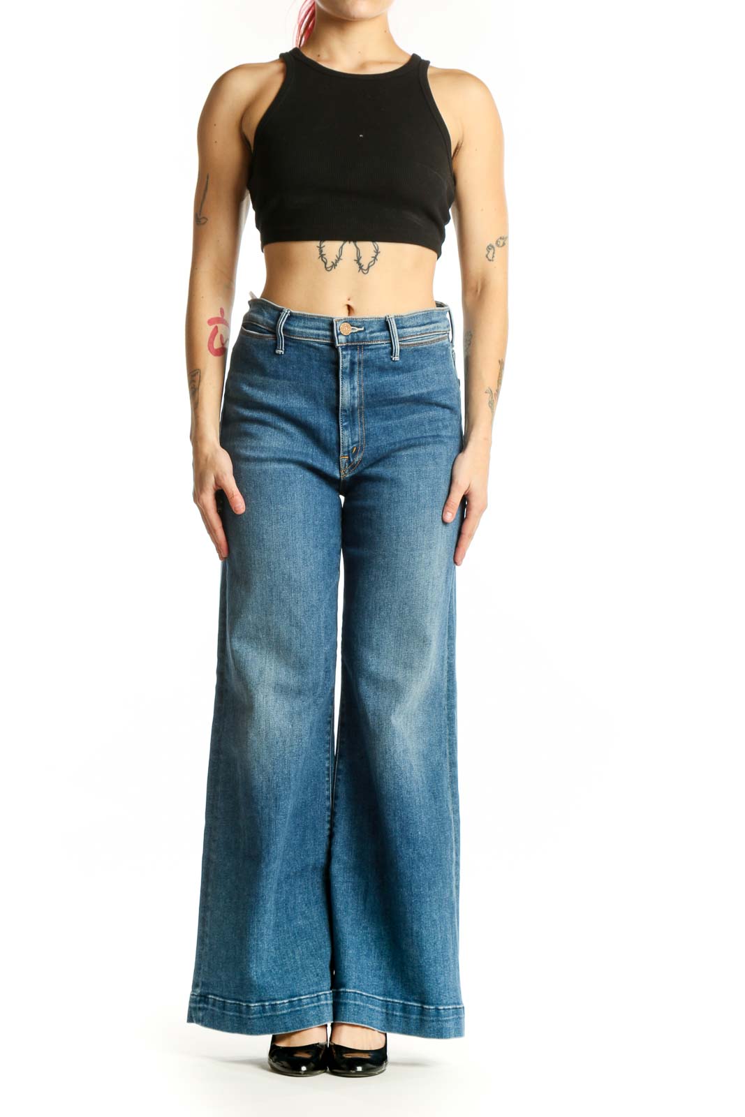 Front view of Mother blue wide-leg denim jeans with high-rise waist and classic five-pocket styling