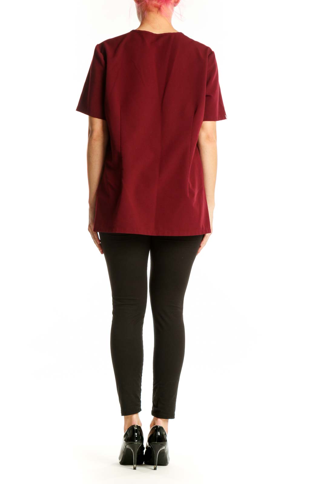 FIGS Burgundy V-Neck Medical Scrub Top back view, size L, showing relaxed fit and professional styling