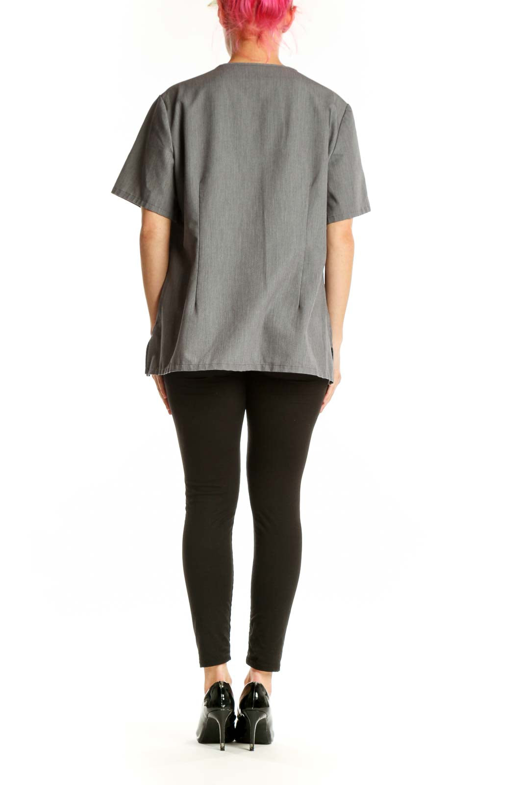 Gray V-neck FIGS medical scrub top, back view showing relaxed fit and short sleeves