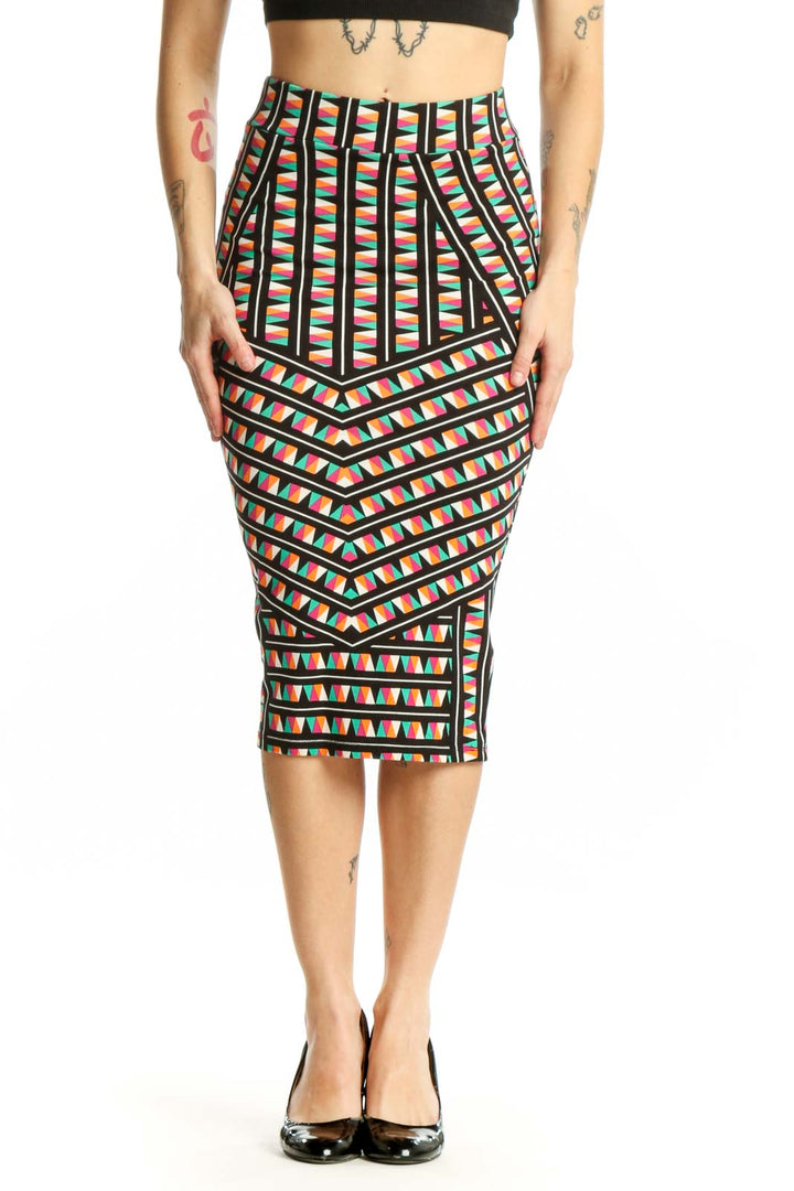 Front view of multicolor geometric pleated midi skirt with bold striped pattern and angular block design