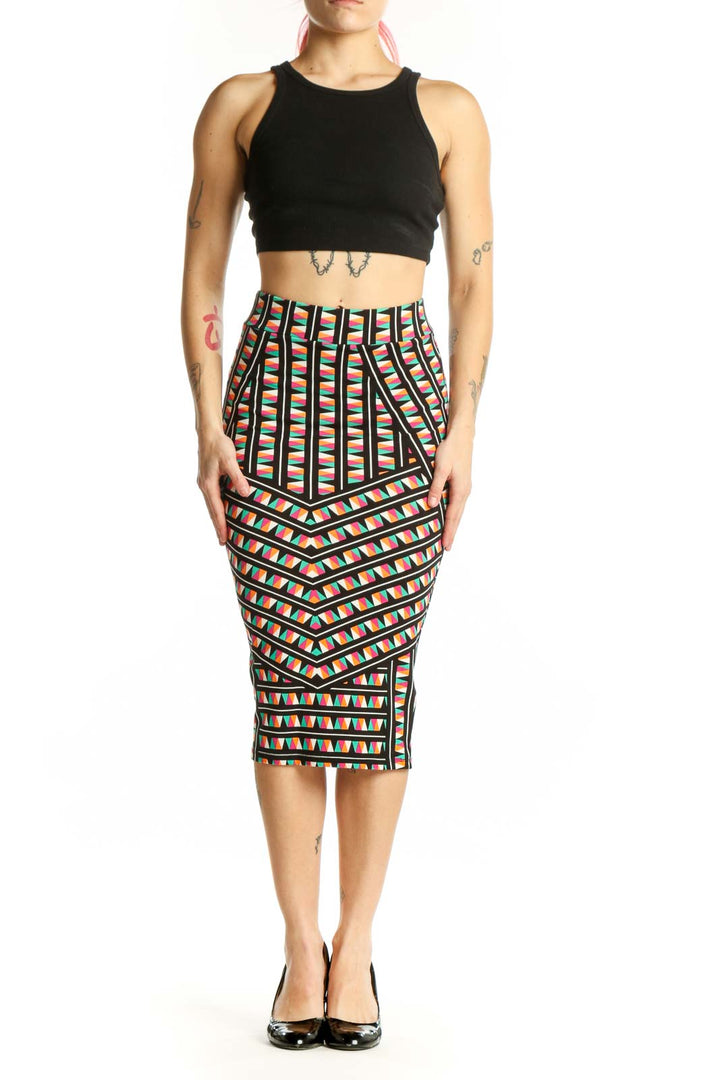 Front view of multicolor geometric pleated midi skirt with bold striped pattern and angular block design
