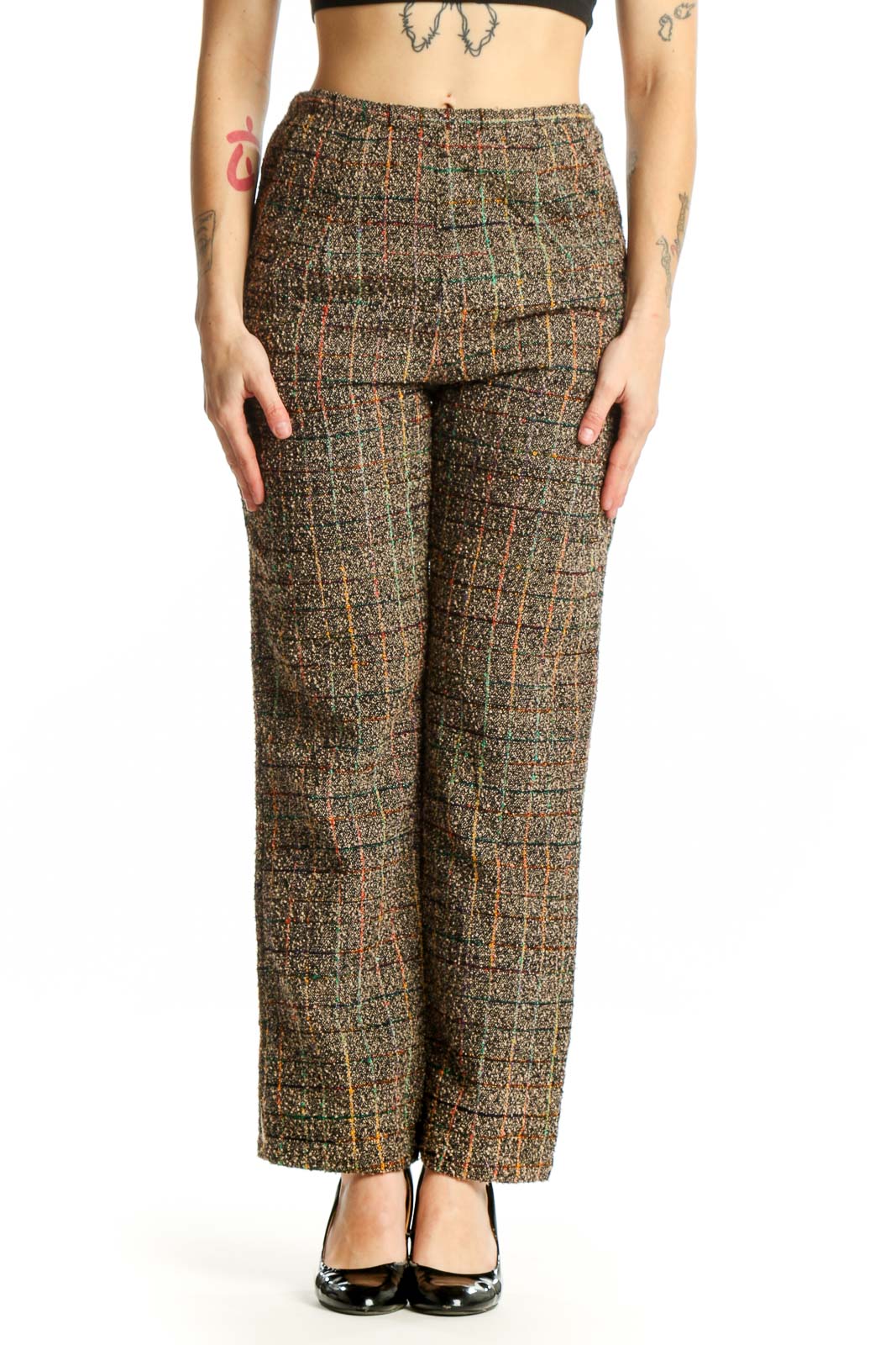 Front view of multicolor tweed rayon pants with grid pattern in brown, gold, and rust tones, high-waisted straight-leg cut