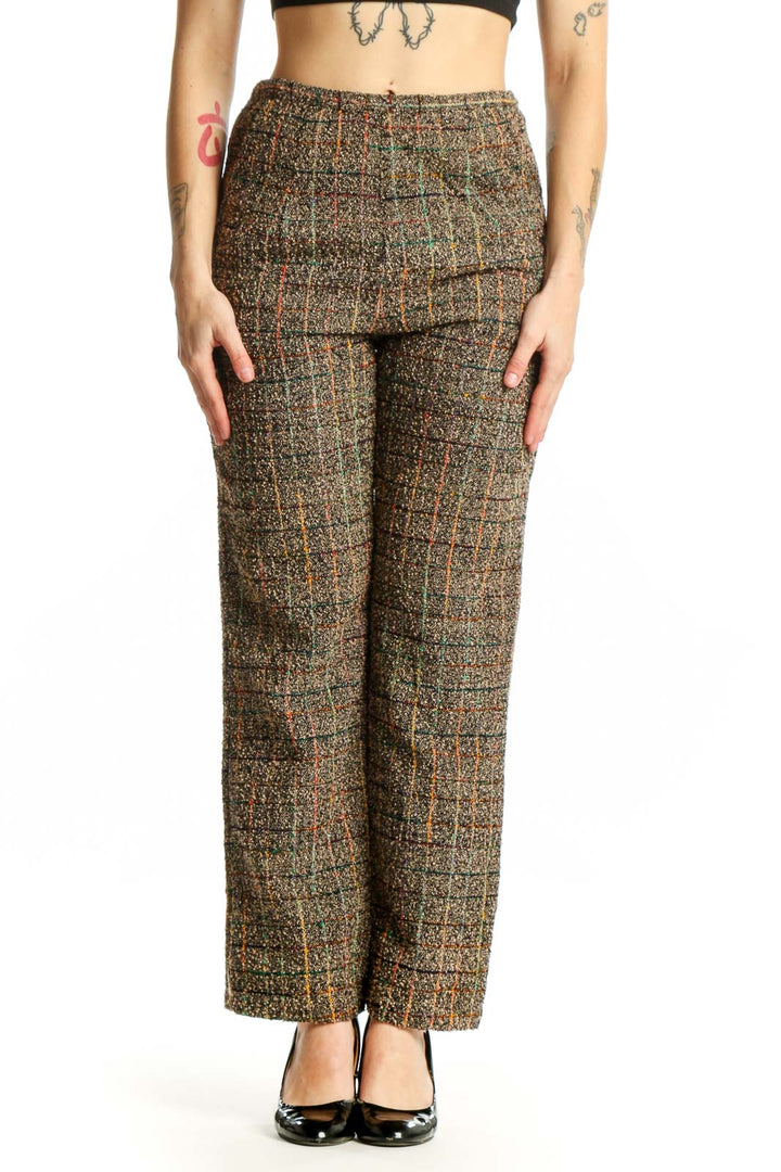 Front view of multicolor tweed rayon pants with grid pattern in brown, gold, and rust tones, high-waisted straight-leg cut
