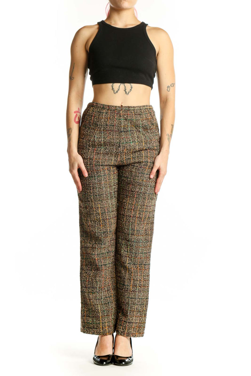 Front view of multicolor tweed rayon pants with grid pattern in brown, gold, and rust tones, high-waisted straight-leg cut