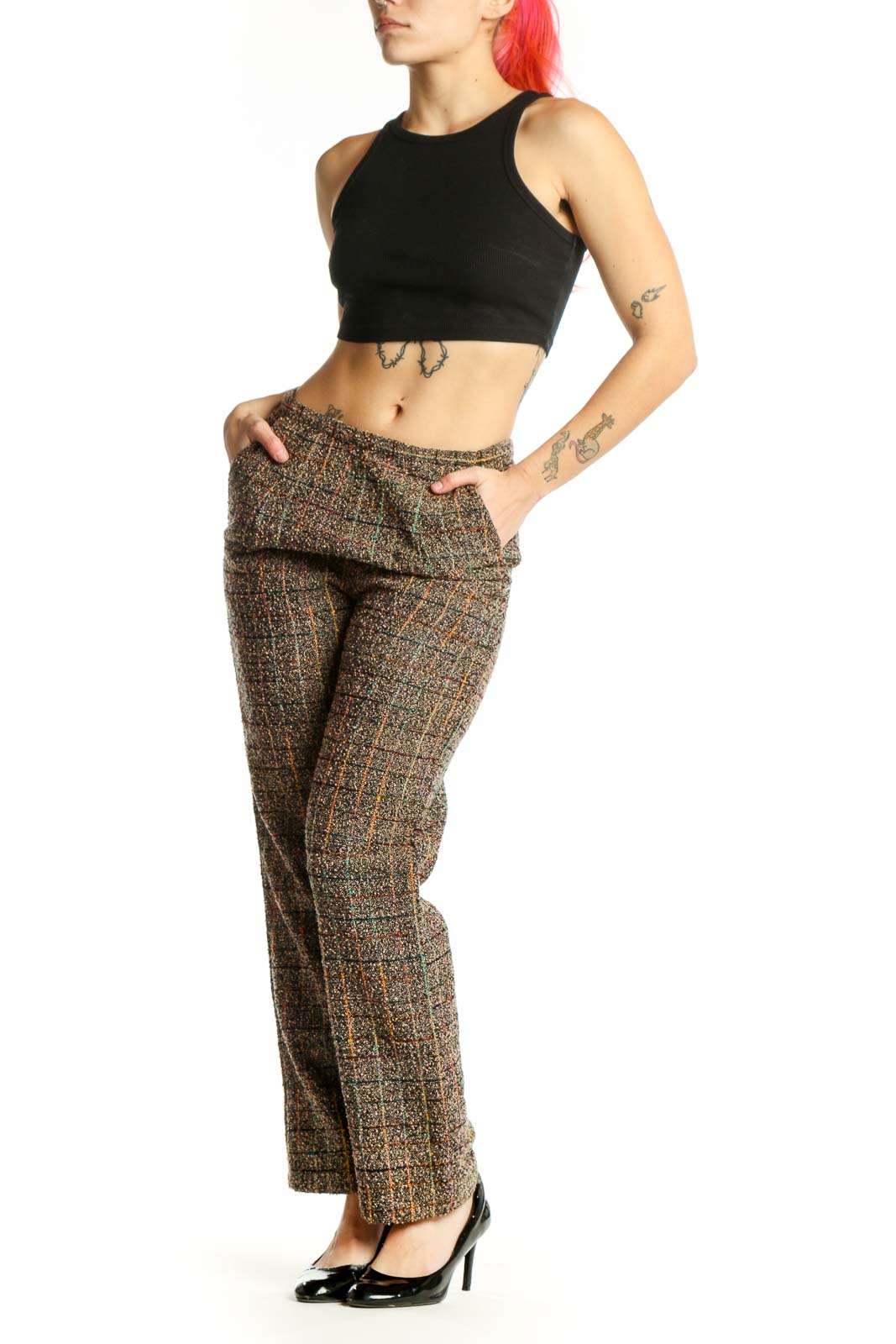 Front view of multicolor tweed rayon pants with grid pattern in brown, gold, and rust tones, high-waisted straight-leg cut