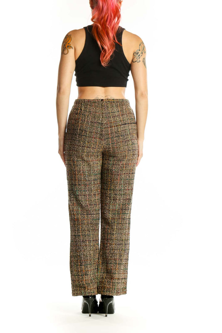 Back view of multicolor tweed rayon pants showing textured tweed pattern and flattering silhouette