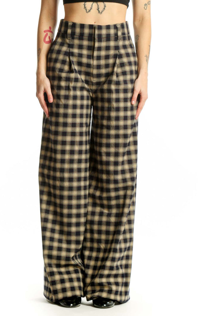 Black and cream plaid wide-leg pants with high-waisted paperbag design, front view