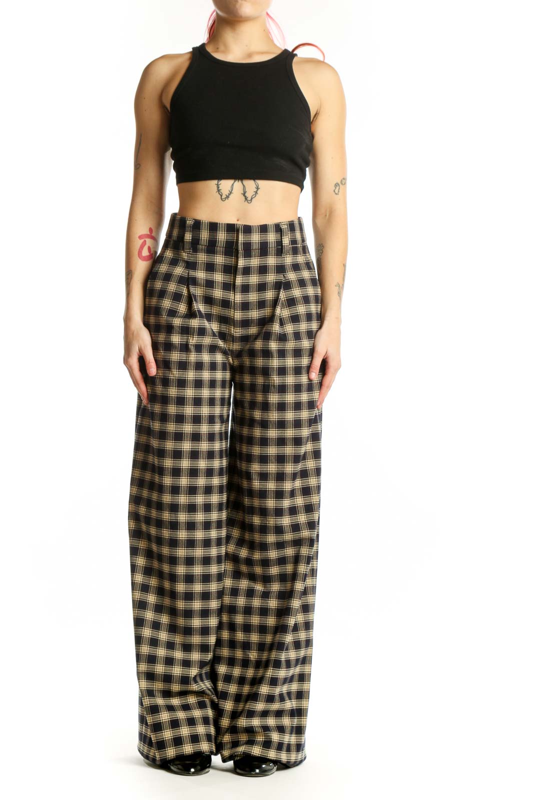 Black and cream plaid wide-leg pants with high-waisted paperbag design, front view