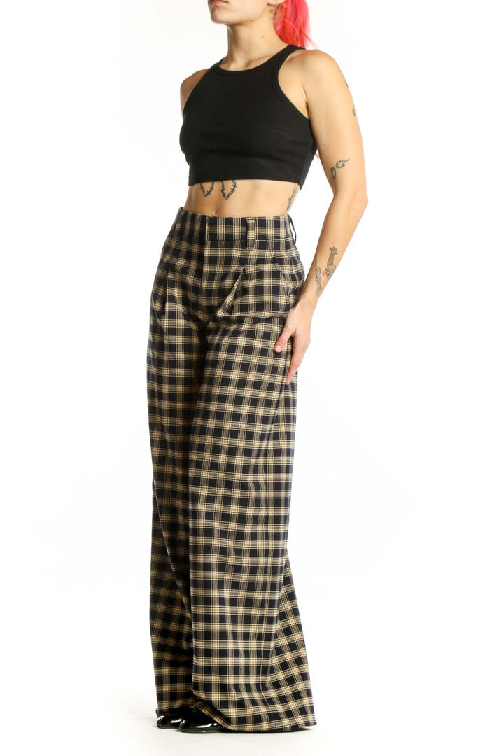 Black and cream plaid wide-leg pants with high-waisted paperbag design, front view